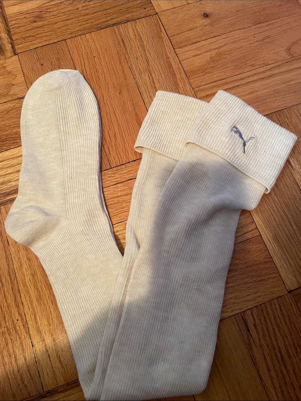 Puma Cream Ribbed Crew Socks with Gray Cat Logo